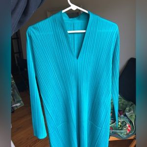 Issey Miyake Pleats Please Pleated Teal Dress Tunic Style Long Sleeve V Neck